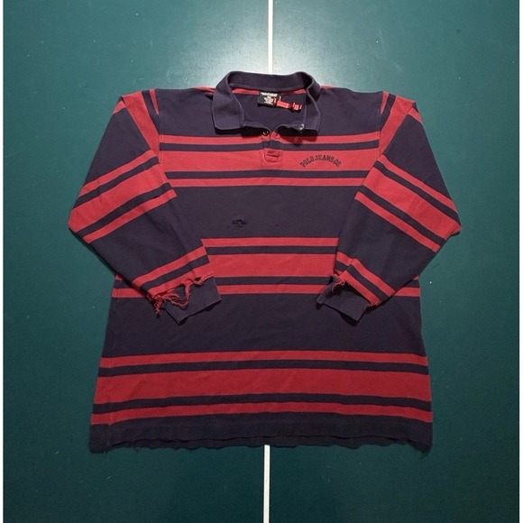 Vtg Ralph Lauren Polo Jeans Co. Rugby Shirt Large Blue Red Striped Distressed